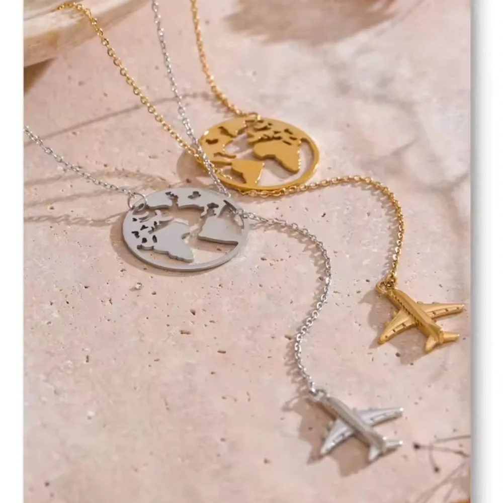Traveller Airplane Gold World Map Necklace
